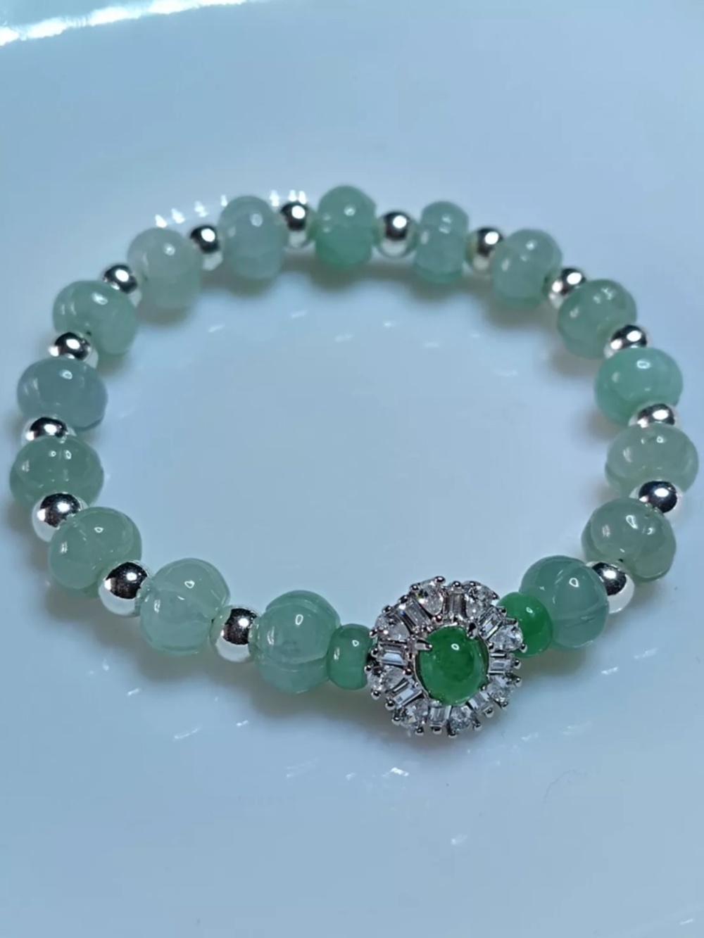 Grade A Burma icy green jadeite jade Pumpkin Beads S925 Silver Bracelets